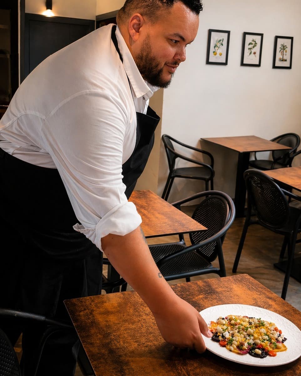 Le chef déposant une assiette colorée sur une table de la salle